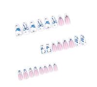 Lot de 24 faux ongles à couverture complète - Motif fleurs bleues - À presser sur les ongles - Tige d'amande courte sur acrylique - Pour tous les jours