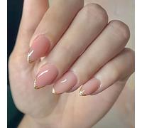 Lot de 24 faux ongles à paillettes en forme d'amande avec bords dorés pour fête, usage quotidien, ongles à presser en ABS, motif cœur et flamme