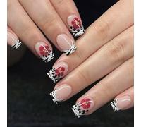 Lot de 24 faux ongles à paillettes réutilisables Motif fleurs rouges vin Pour le quotidien ou le soir Automne Hiver Paillettes à presser