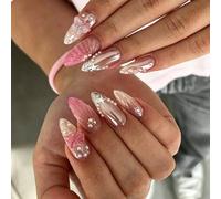 Lot de 24 faux ongles à pointe française 3D papillon perle à presser - Amande - Rose pastel ombré argenté chromé - Réutilisables - Accessoires de nail art pour femme et mariée
