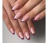 Lot de 24 faux ongles à pois blancs brillants avec nœuds pour femme Rouge vin