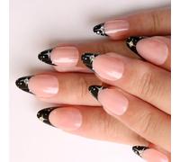 Lot de 24 faux ongles à presser à bout français avec strass et couverture complète - Faux ongles courts en amande réutilisables pour mariage, fête, usage quotidien