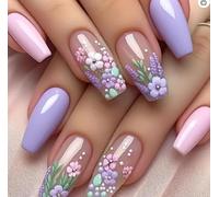 Lot de 24 faux ongles à presser à pointe française - Faux ongles violets à motif floral et amande, ensemble de couverture complète d'été en 12 tailles, onglets adhésifs en gelée, acrylique sûr à