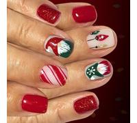 Lot de 24 faux ongles à presser avec motif bonnet de Père Noël rouge et doré foncé