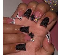 Lot de 24 faux ongles à presser avec pointes françaises - Avec construction en strass - Couverture complète - Colle acrylique sur les ongles