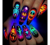 Lot de 24 faux ongles à presser avec squelettes étranges, citrouilles amusantes et chauve-souris fantôme, faux ongles squelette d'Halloween
