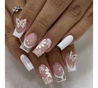 Lot de 24 faux ongles à presser avec strass et papillons blancs pour femmes qui aiment l'art et les occasions festives