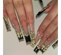 Lot de 24 faux ongles à presser avec strass noirs en forme de cercueil | Application facile, ongles en acrylique durable pour femme | Nail Art tendance pour fête, mariage, usage quotidien