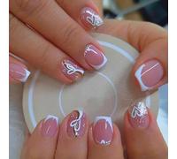 Lot de 24 faux ongles à presser blancs avec motif cœur blanc pailleté, carrés courts avec languettes adhésives en gelée, matériau ABS respectueux de l'environnement, style d'été classique pour un