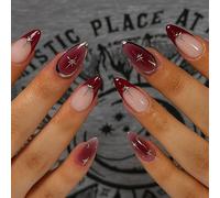 Lot de 24 faux ongles à presser bordeaux ombrés - Amande avec étoiles métallisées, ensemble moyen long fait à la main pour décoration d'ongles d'hiver flocon de neige