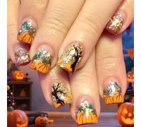 Lot de 24 faux ongles à presser carrés courts et oranges avec joli motif citrouille pour femme Halloween et fête d'automne (orange)