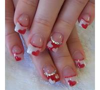 Lot de 24 faux ongles à presser - Couvrance complète - Brillant - French Tip - Motif cœur - Pour la Saint-Valentin