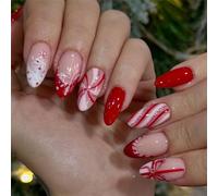 Lot de 24 faux ongles à presser de Noël en forme d'amande rouge et blanche, motifs flocons de neige et rayures, réutilisables en acrylique à coller pour femme, look vacances d'hiver