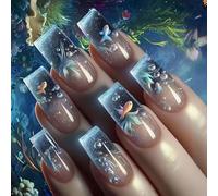 Lot de 24 faux ongles à presser en ABS transparent sur le thème des océans bleus pour femme - Réutilisables - Thème marin
