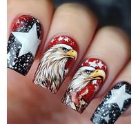 Lot de 24 faux ongles à presser en acrylique avec motif drapeau américain, application facile et durable pour le 4 juillet, défilés, fêtes | Nail art patriotique réutilisable pour femme