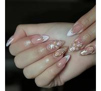 Lot de 24 faux ongles à presser en forme d'amande avec motif floral et rayures dorées