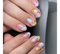 Lot de 24 faux ongles à presser en forme d'amande avec pointes françaises et motifs floraux pour femmes et filles Art ovale en acrylique