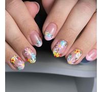 Lot de 24 faux ongles à presser en forme d'amande avec pointes françaises et motifs floraux pour femmes et filles