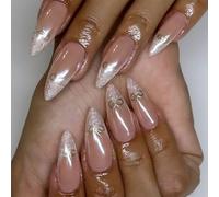 Lot de 24 faux ongles à presser, en forme d'amande, couleur chair avec nœuds et pointe scintillante, longueur moyenne, pour les amateurs de mode