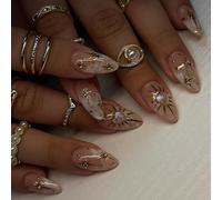 Lot de 24 faux ongles à presser en forme d'amande, dorés, moyens, avec étoile 3D, soleil, cœur en strass, brillants, réutilisables, pour femmes et filles, pour tous les jours, mariage, fête