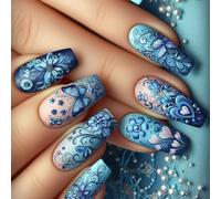 Lot de 24 faux ongles à presser en forme de cercueil avec motifs papillons bleus et fleurs en acrylique