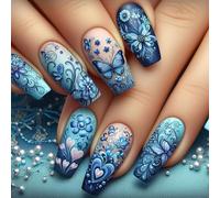 Lot de 24 faux ongles à presser en forme de cercueil avec papillons bleus et fleurs en acrylique