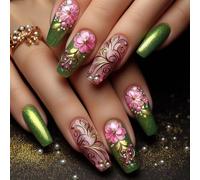 Lot de 24 faux ongles à presser en forme de cercueil - Fleurs artificielles - Printemps brillant - À coller sur la mode