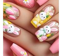 Lot de 24 faux ongles à presser longs et faciles à appliquer avec colle pour femmes et filles, motifs de Pâques, ongles artificiels en acrylique à coller pour fête de printemps, quotidien