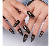 Lot de 24 faux ongles à presser motif étoile lune gothique punk noir long French Tip forme amande faux ongles pour femme