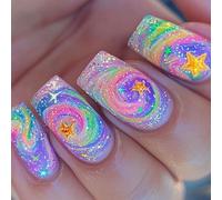 Lot de 24 faux ongles à presser - Pas besoin de colle - Longue durée - Motif étoile à paillettes - Pour femme et adulte - Réutilisables - Couverture complète - Pour fête, mariage, quotidien