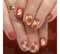 Lot de 24 faux ongles à presser pour Halloween - Essence florale française - Pour fête - Application rapide - Pour ongles courts et carrés