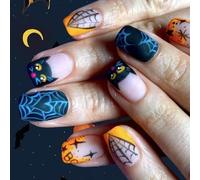 Lot de 24 faux ongles à presser pour Halloween Motif chauve-souris foncé et paillettes noires