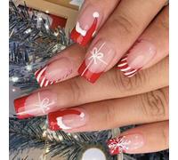 Lot de 24 faux ongles à presser pour Noël festifs - Carrés plats - Flocons de neige - Pour les fêtes faciles