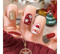Lot de 24 faux ongles à presser pour Noël - Forme carrée - Bordeaux rouge doré - Paillettes - Flocon de neige - Visage de Père Noël - Pour fêtes de fin d'année, kit de manucure festif, finition