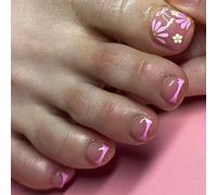 Lot de 24 faux ongles à presser pour orteils d'été - Fleurs délicates - Décoration d'ongles - Rose - Pédicure française - Pour femmes et filles