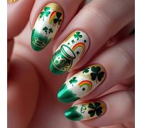 Lot de 24 faux ongles à presser réutilisables à coller pour femme - Saint-Patrick - Amande moyenne - Avec extrémité de trèfle - Vert arc-en-ciel - Ornements dorés WYFHDT