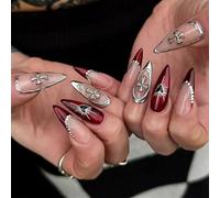 Lot de 24 faux ongles à presser style gothique, pointe française en forme d'amande, finition brillante rouge foncé avec breloque en forme de croix argentée