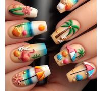 Lot de 24 faux ongles à presser sur le thème de la plage - Art français - Pour femmes - Ongles d'été vivants