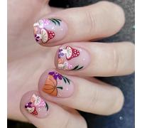 Lot de 24 faux ongles à presser sur le thème d'Halloween citrouille champignon faciles à appliquer pour femmes et adolescentes