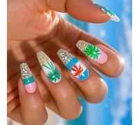 Lot de 24 faux ongles artificiels à coller en forme d'arbre de noix de coco pour femme