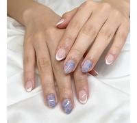 Lot de 24 faux ongles artificiels blancs bleus ovales avec finition brillante pour décoration de mariage