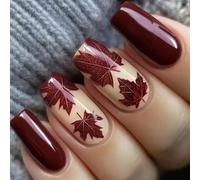 Lot de 24 faux ongles artificiels en forme de cercueil pour l'automne et l'hiver - Feuilles brillantes - Pas besoin d'outils - Confortable à porter au quotidien