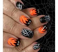Lot de 24 faux ongles artificiels scintillants pour Halloween, motif toile d'araignée, courts et carrés, application rapide