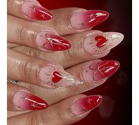 Lot de 24 faux ongles artificiels sur le thème de la Saint-Valentin - Motif cœurs et nœuds - Longueur moyenne - Pour femme, fête, rendez-vous galant, Saint-Valentin - Rouge dégradé