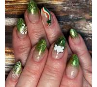 Lot de 24 faux ongles avec finition verte étincelante et motif trèfle arc-en-ciel pour fête offrant une application facile et styles de trèfles pour fête offrant une application et des styles faciles