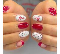 Lot de 24 faux ongles avec flamme en forme de cœur rouge et blanc - Durable - À coller sur les ongles - Pour filles - Pour fête - Port quotidien - Pointe française à presser