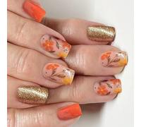 Lot de 24 faux ongles avec motif floral scintillant - Conseils pour presser les ongles - Port et éclat rapides - Court carré brillant