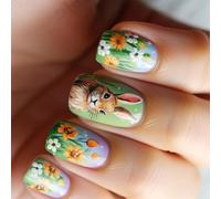 Lot de 24 faux ongles avec motif floral sur le thème de Pâques - Couverture complète - Faux ongles pour fêtes de fin d'année