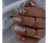 Lot de 24 faux ongles avec pointe en forme de cœur français en noir et blanc avec perles ABS pour une application facile. Ongles faciles à appliquer