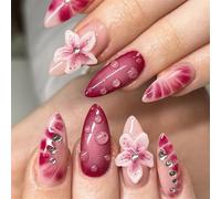 Lot de 24 faux ongles avec strass, en forme d'amande, couverture complète, fleurs 3D, à coller, brillants
